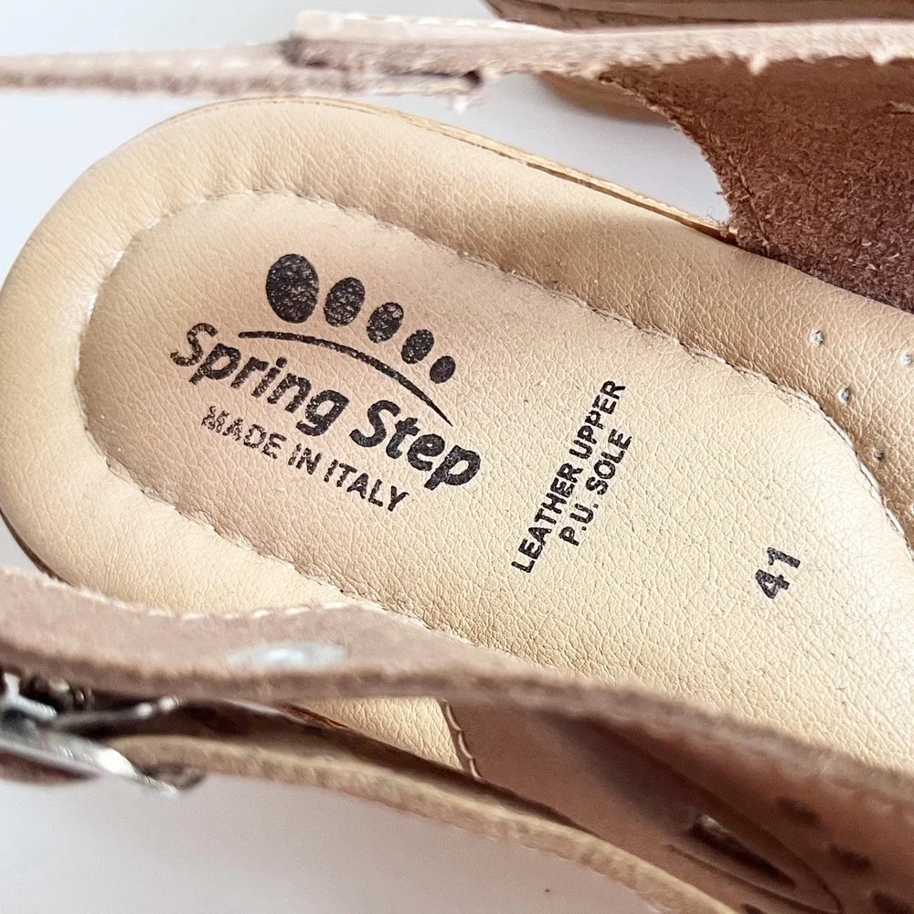 Spring Step Orella Wedge Sandals 41 Italian Leather Laser Cut Floral Tan Taupe‎